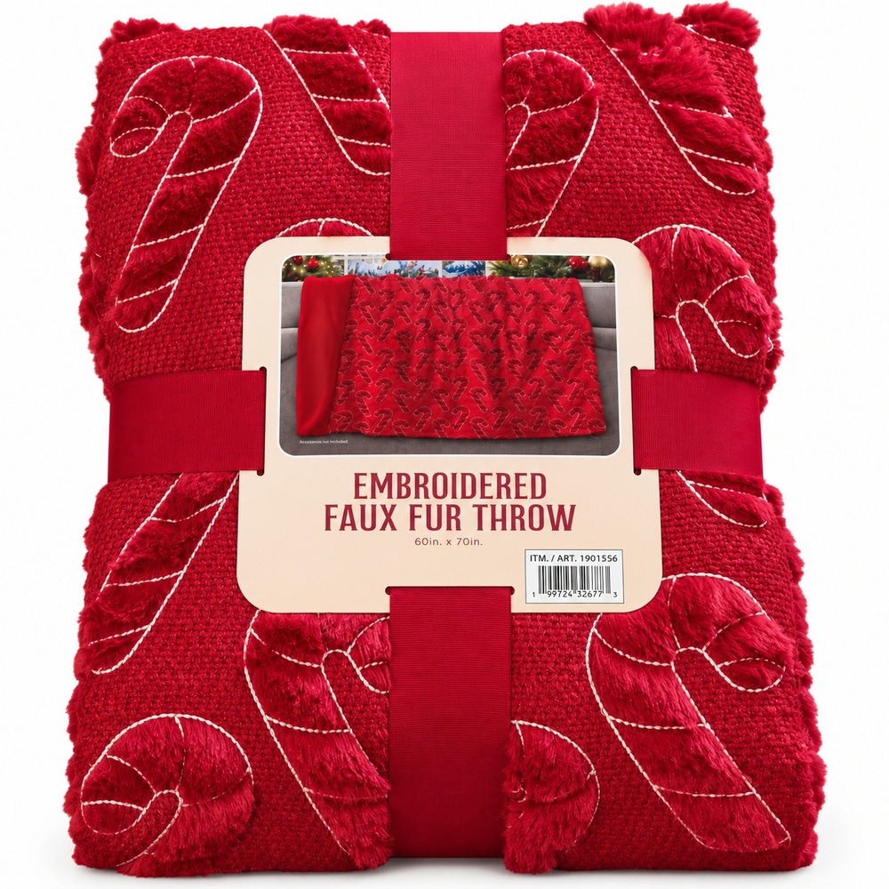 Costco Embroidered Faux Fur Throw Blanket Christmas Candycanes 60inx70in NEW